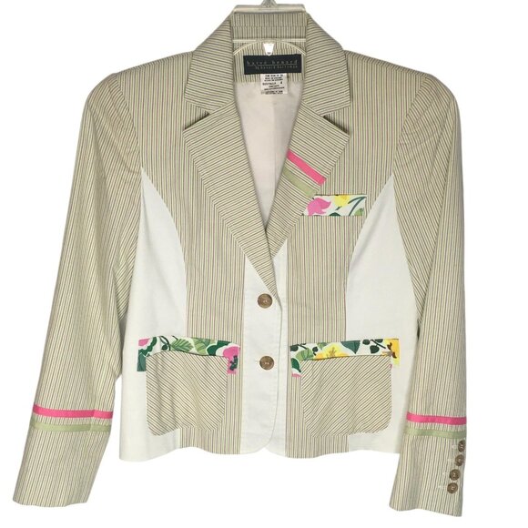 Harve Benard Blazer Jacket Womens 4 Green White Stripe Floral Cotton Two Button - Picture 1 of 12